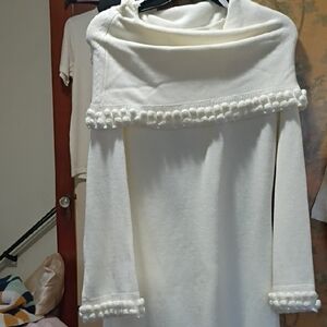 White Knit Dress With Pom Pom Detail